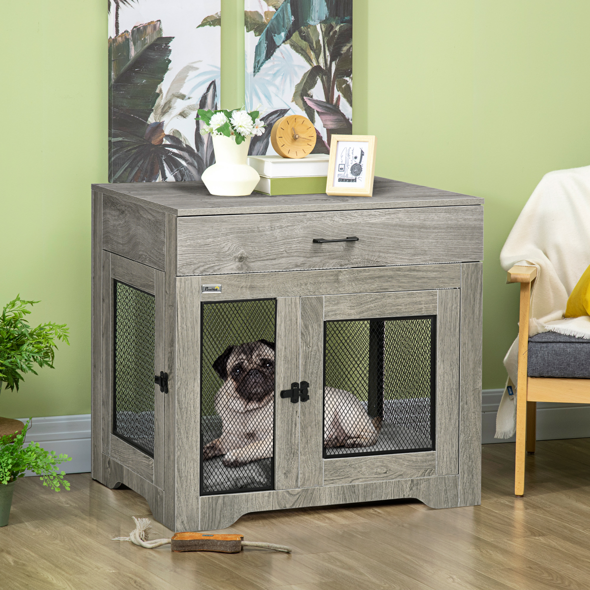 Double-Door Dog Kennel Furniture Crate for Medium Dogs - Indoor Grey