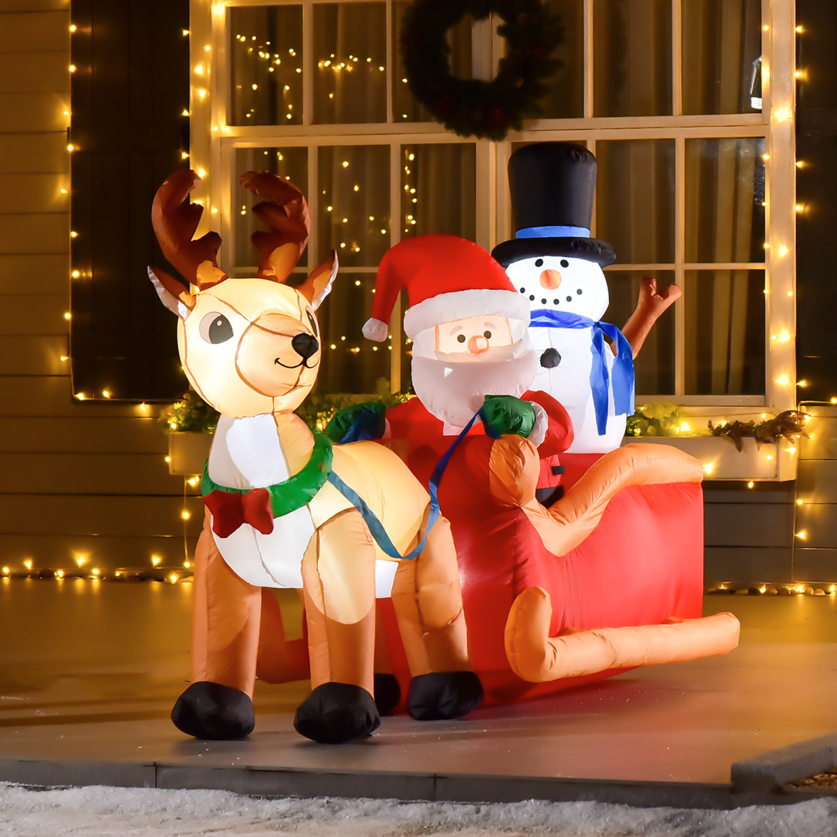 4ft Christmas Inflatable Santa on Sleigh with Deer LED-Lit