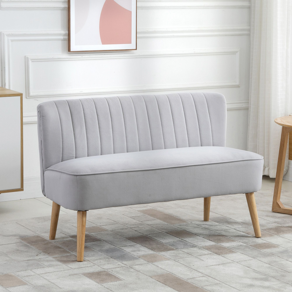 Velvet Double-Seat Loveseat Sofa with Wooden Legs - Grey