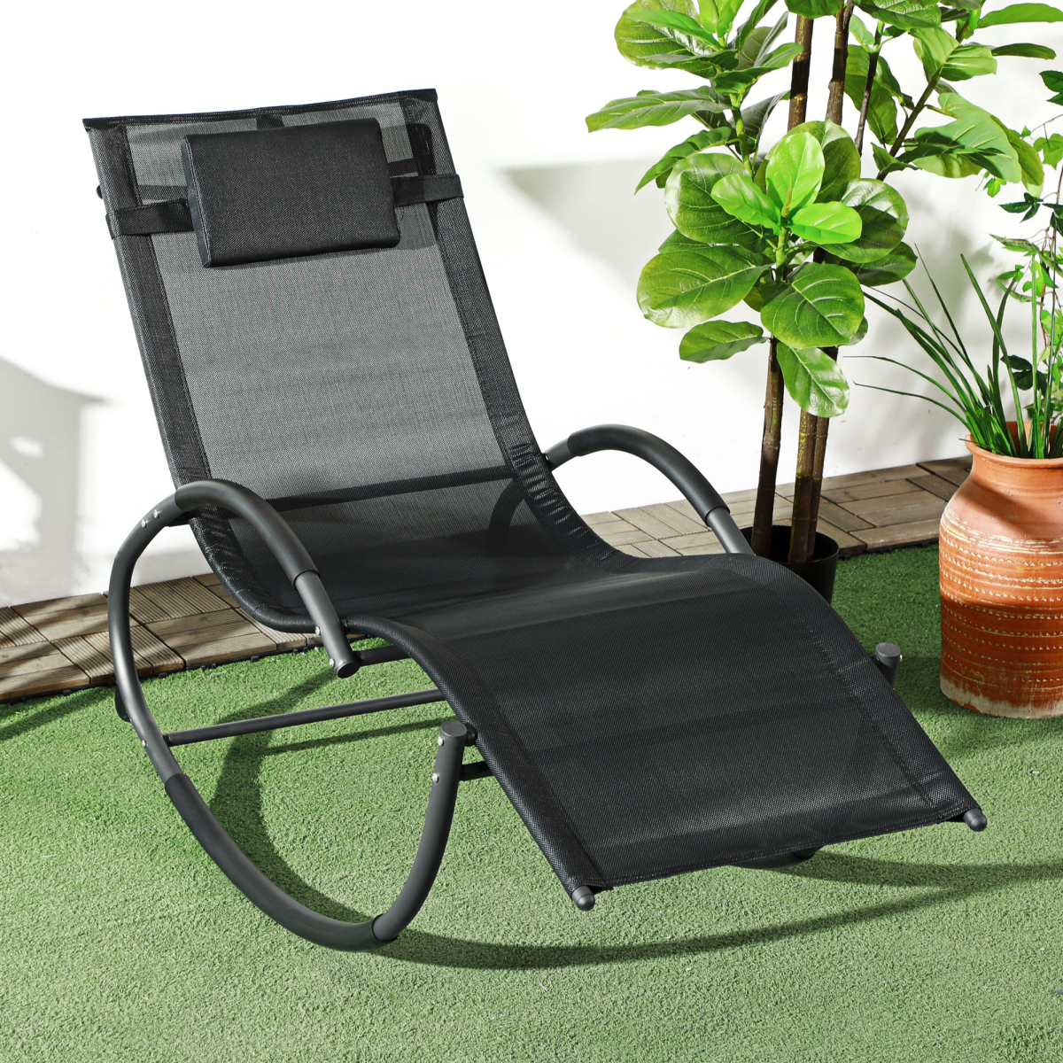 Zero-Gravity Patio Rocking Lounge Chair with Pillow - Black