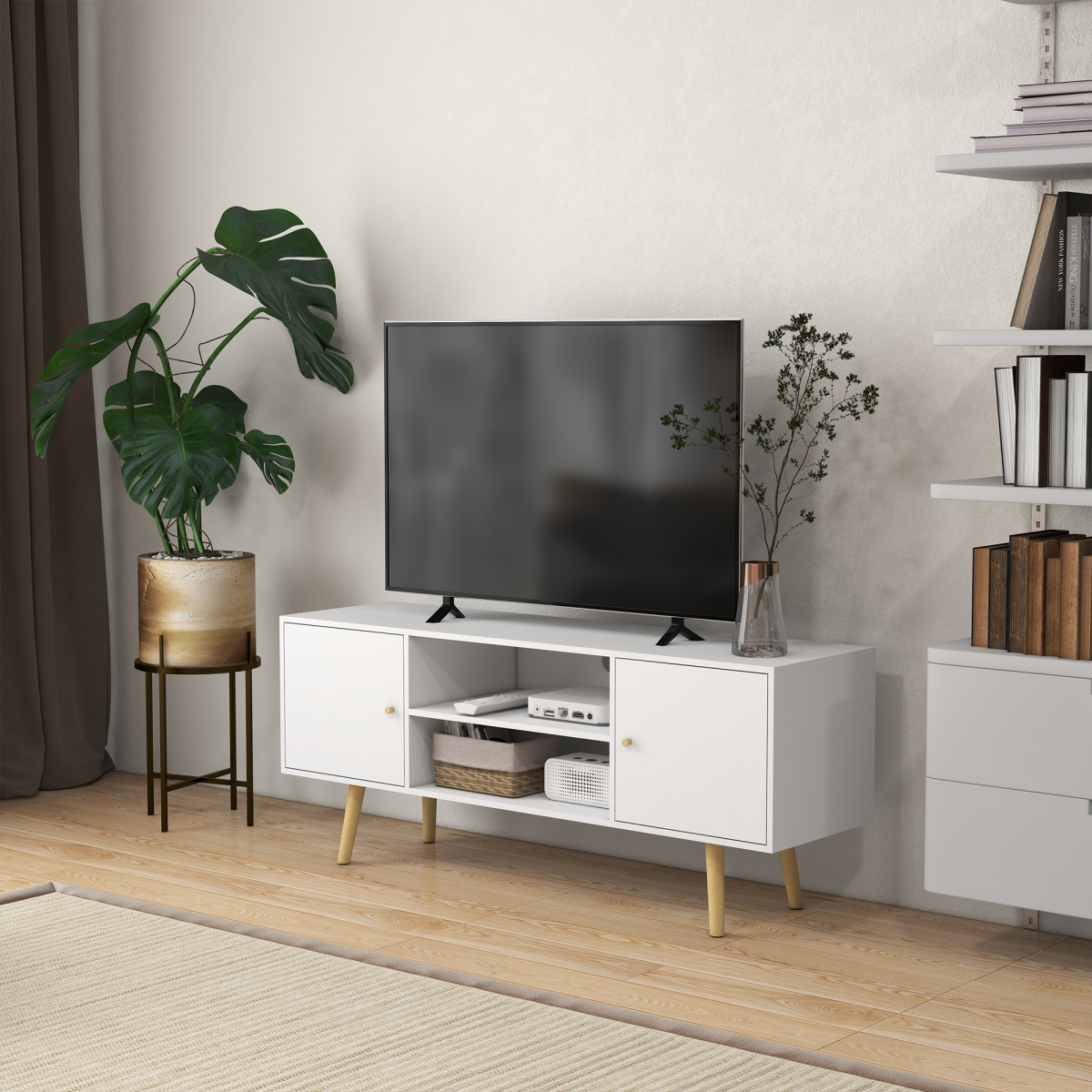 Elegant White TV Stand with Storage & Cable Management for Up to 55" TVs