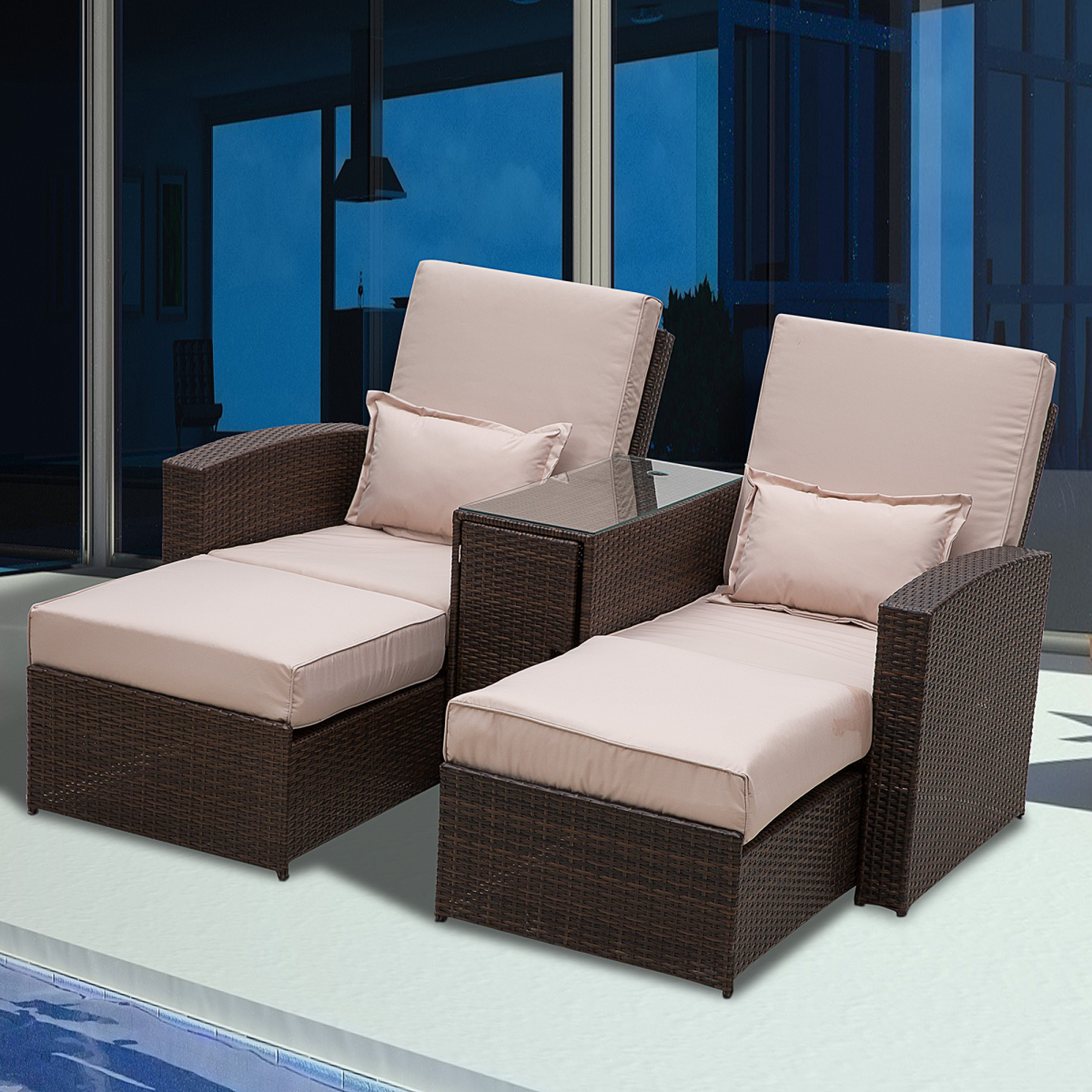 Double Rattan Sun Lounger Sofa with Adjustable Recline & Glass Table - Brown