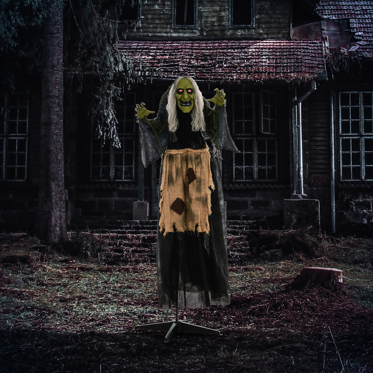 Sound-Activated Witch Animatronic Prop with Moving Head & Glowing Eyes