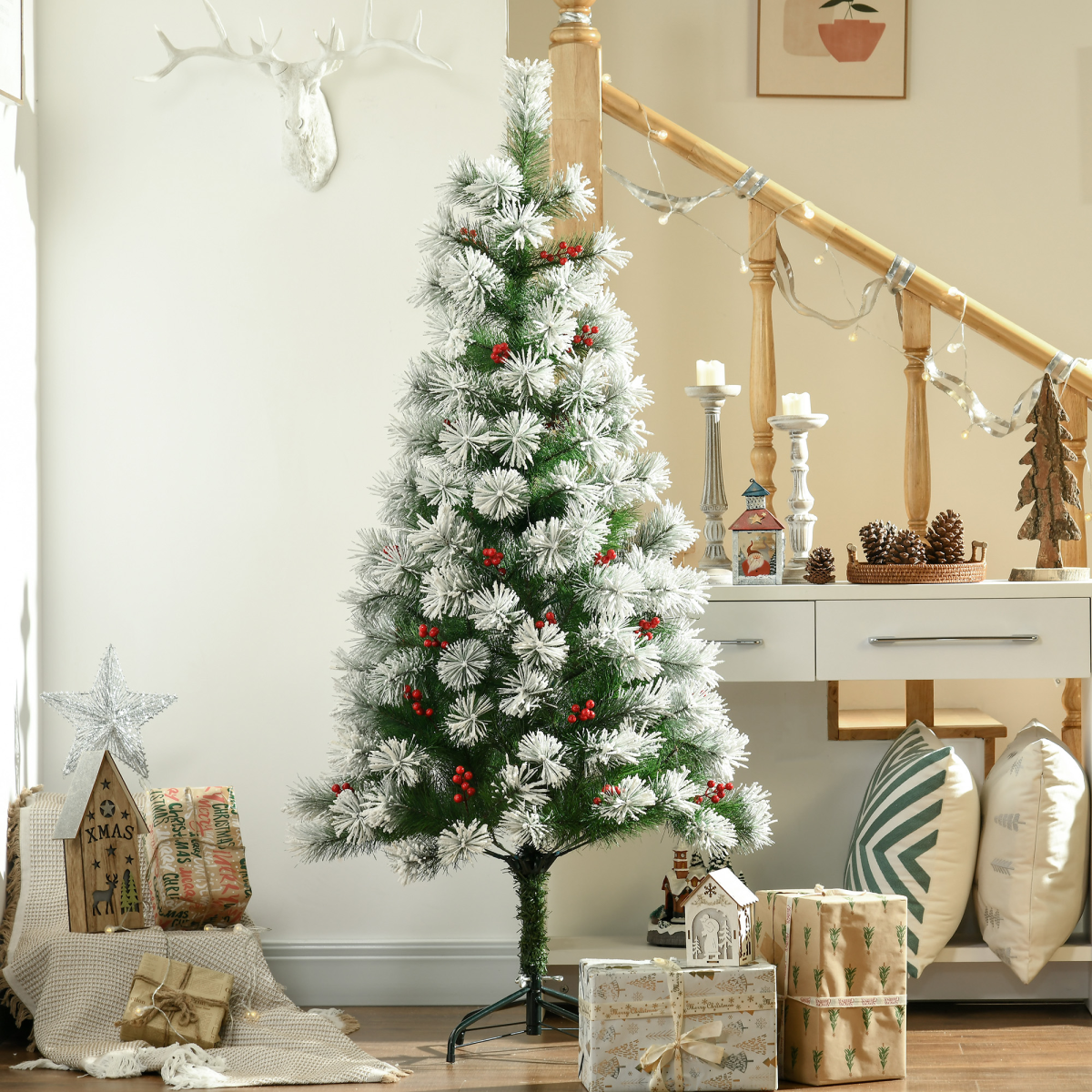 5ft Indoor Christmas Tree with Berry Decor, 184 PET Tips, Metal Stand