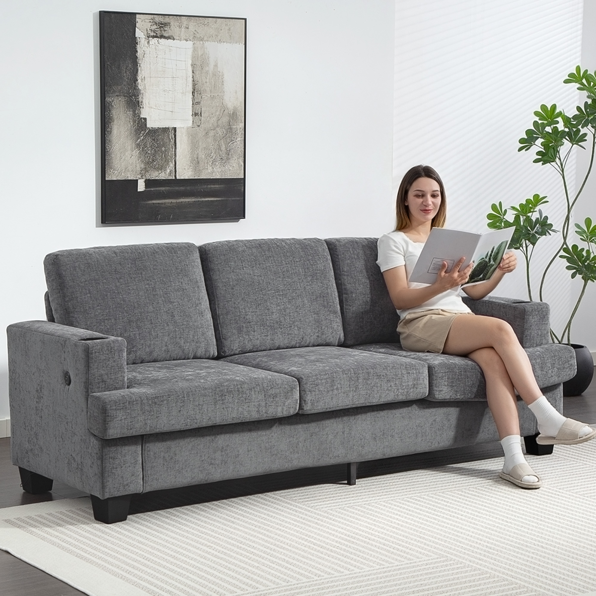 3-Seater Sofa with USB Ports & Cup Holders - Cozy Grey Fabric Design