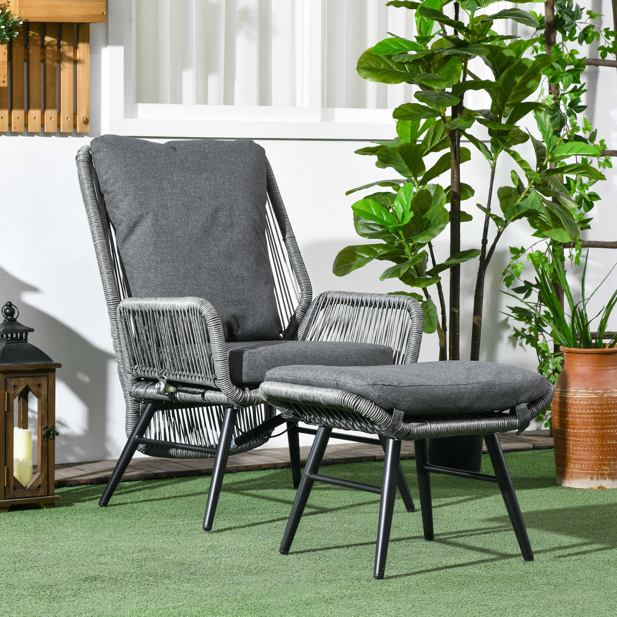 Garden Rattan Chair Set with Adjustable Backrest and Footrest Grey