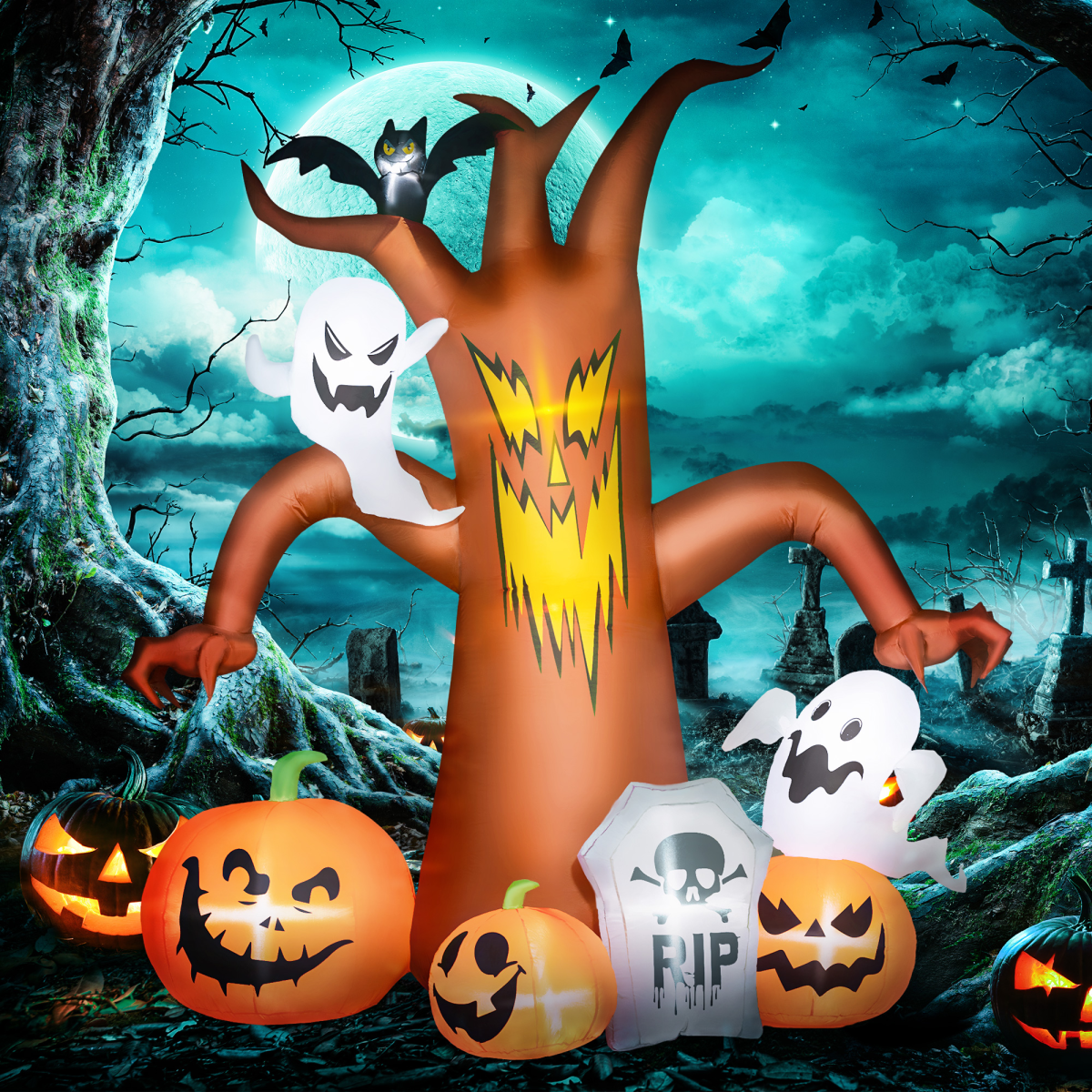 7.9ft Inflatable Halloween Ghost Tree with Pumpkins, Ghosts & Tombstone