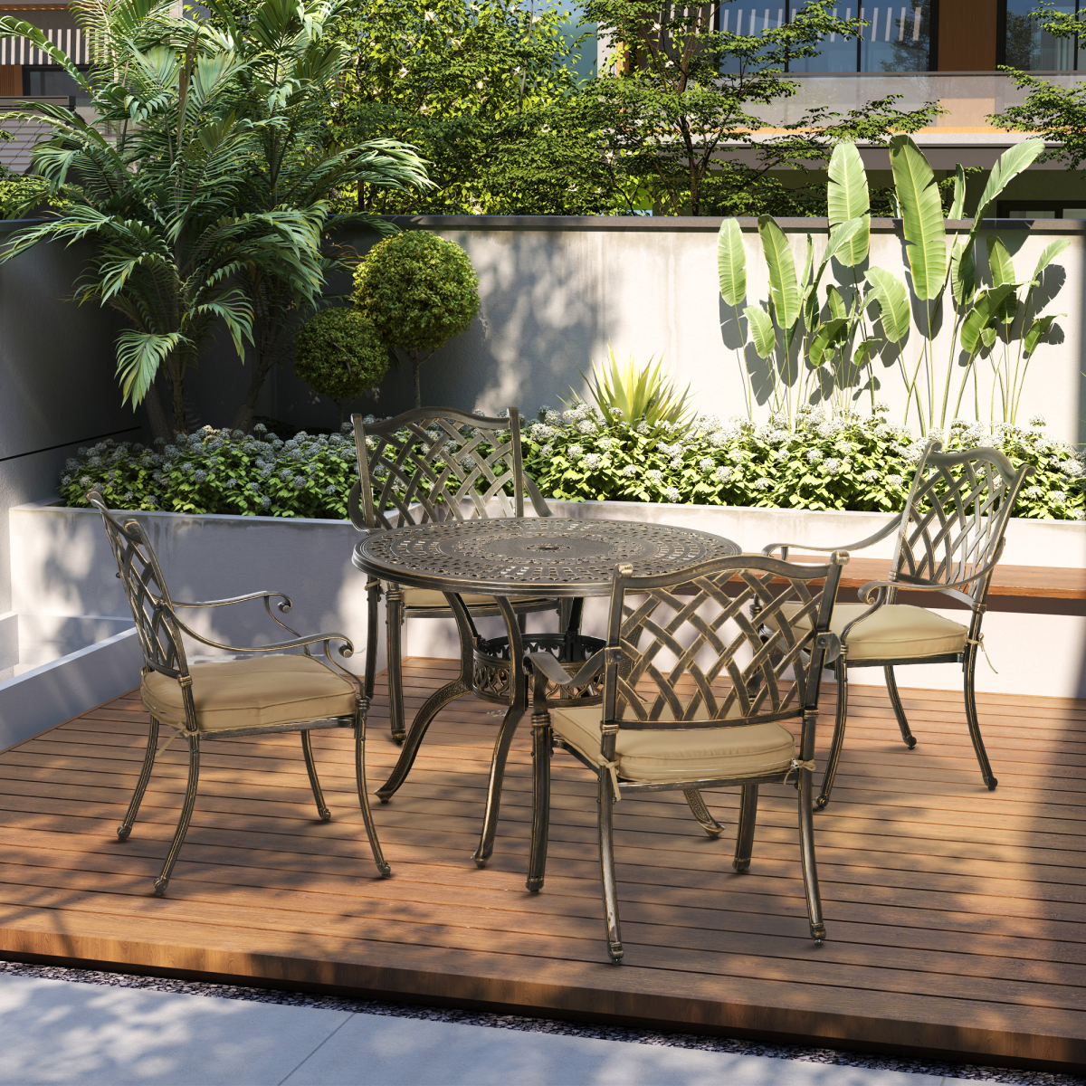 Bronze 4-Seater Round Outdoor Dining Set with Cushions & Parasol Hole