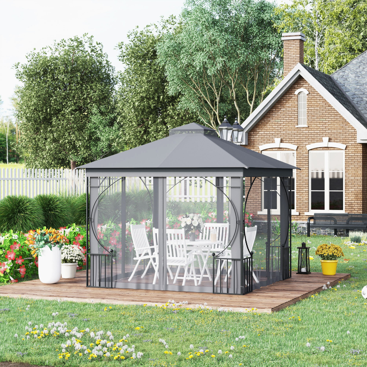 3x3m Gazebo with Mesh Sides, Sun Shade & Privacy Screen