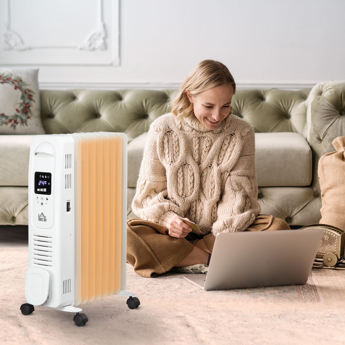 2000W Digital Oil-Filled Radiator, 9-Fin, Remote, 24h Timer, White
