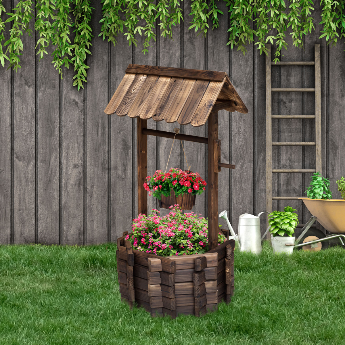 Wishing Well Planter Bucket - 60L, 55cm W x 114cm H, Brown