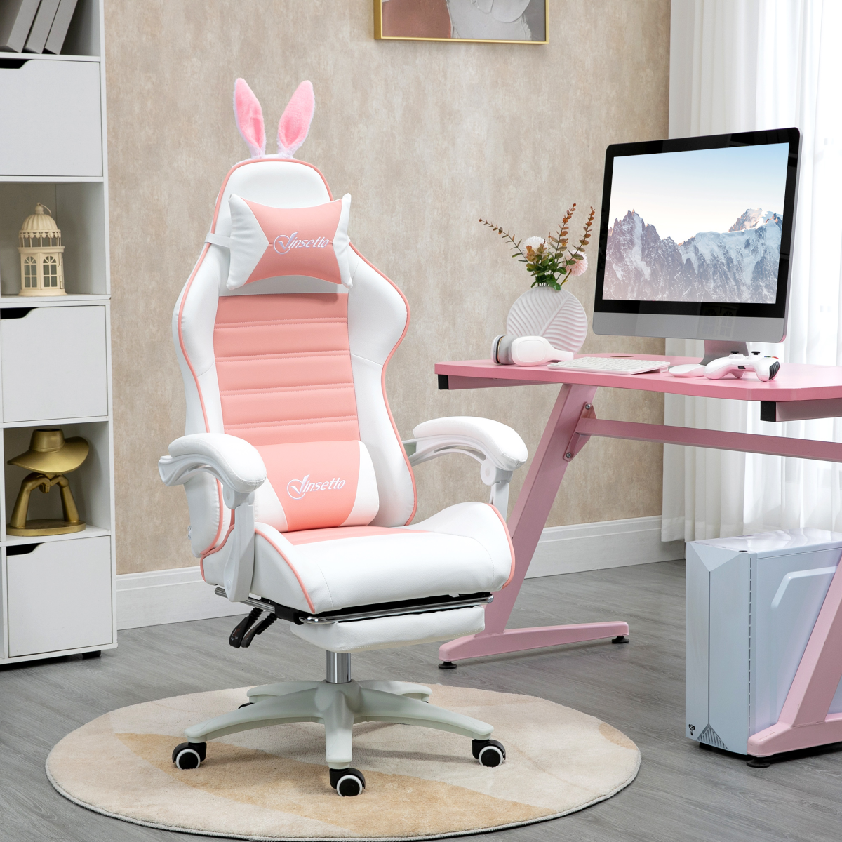 Vinsetto Pink Racing-Style Gaming Chair with Removable Rabbit Ears & Footrest