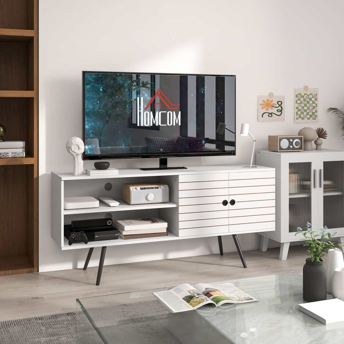 Modern 65" TV Stand with Open Shelves & Cable Management - White