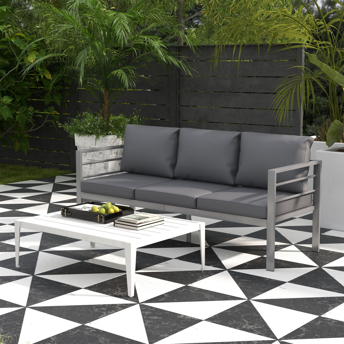 3-Seater Aluminium Garden Bench with Cushions - Grey