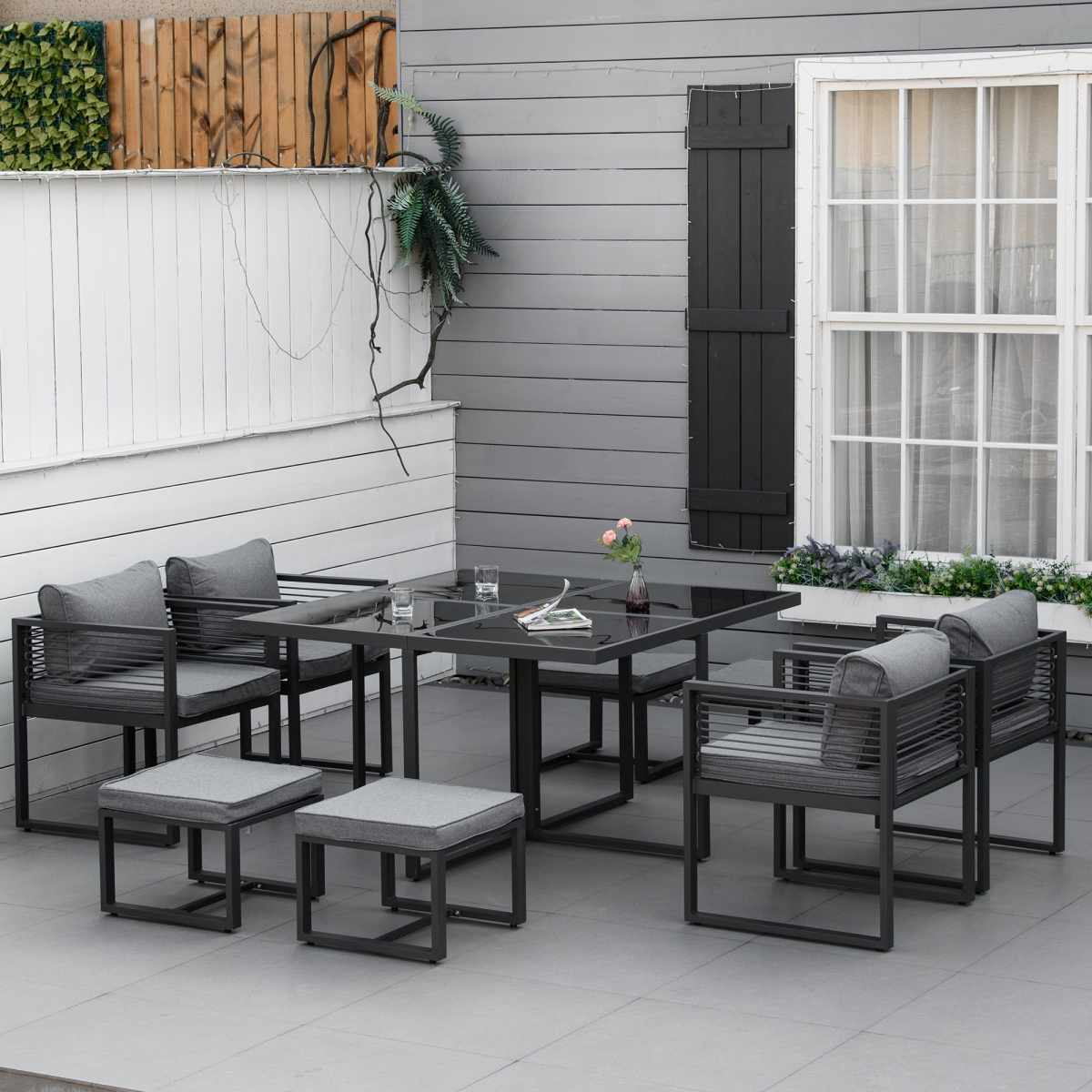 Grey 8-Seater Dining Cube Set: Table, 4 Chairs, 4 Cushioned Footstools