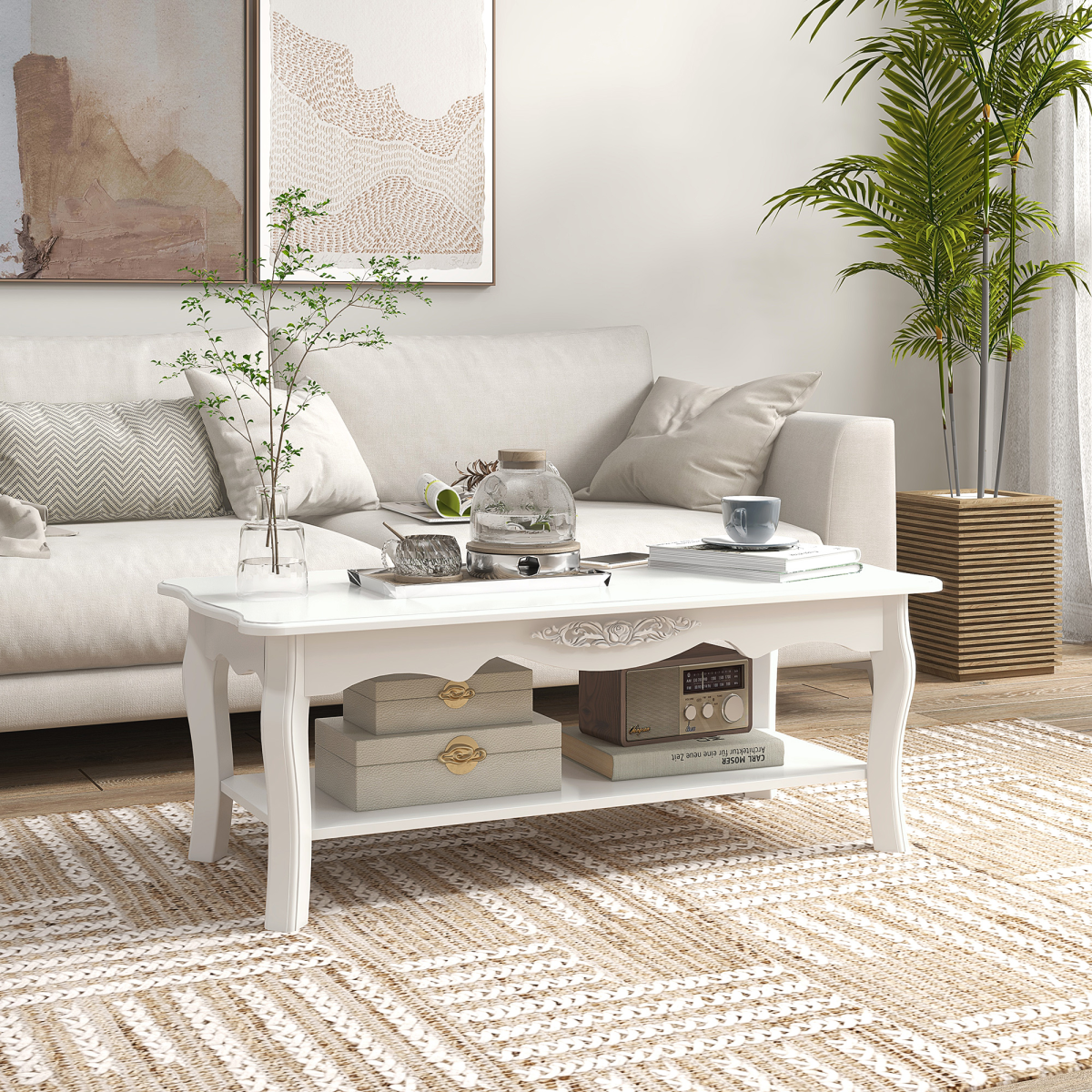White Finish Coffee Table with Curved Legs & Magazine Shelf