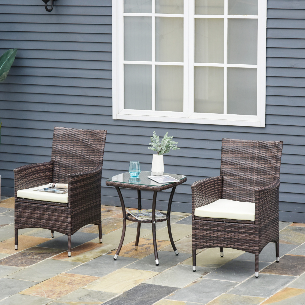 Two-Seater Outdoor Rattan Armchairs with Cushions – Mixed Brown