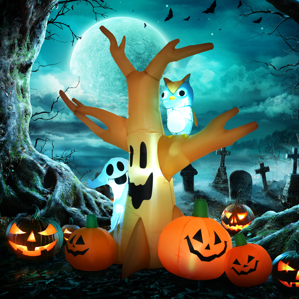 240cm Halloween Inflatable: Scary Tree with Ghost, 3 Pumpkins, Owl & 4 LEDs