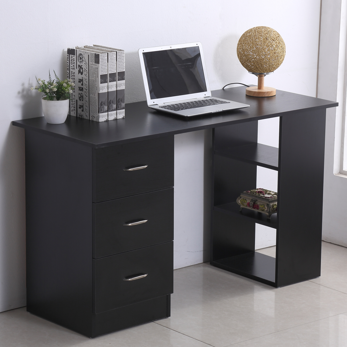 Versatile 120cm Computer Desk with 3 Shelves & Drawers - Classic Black Design
