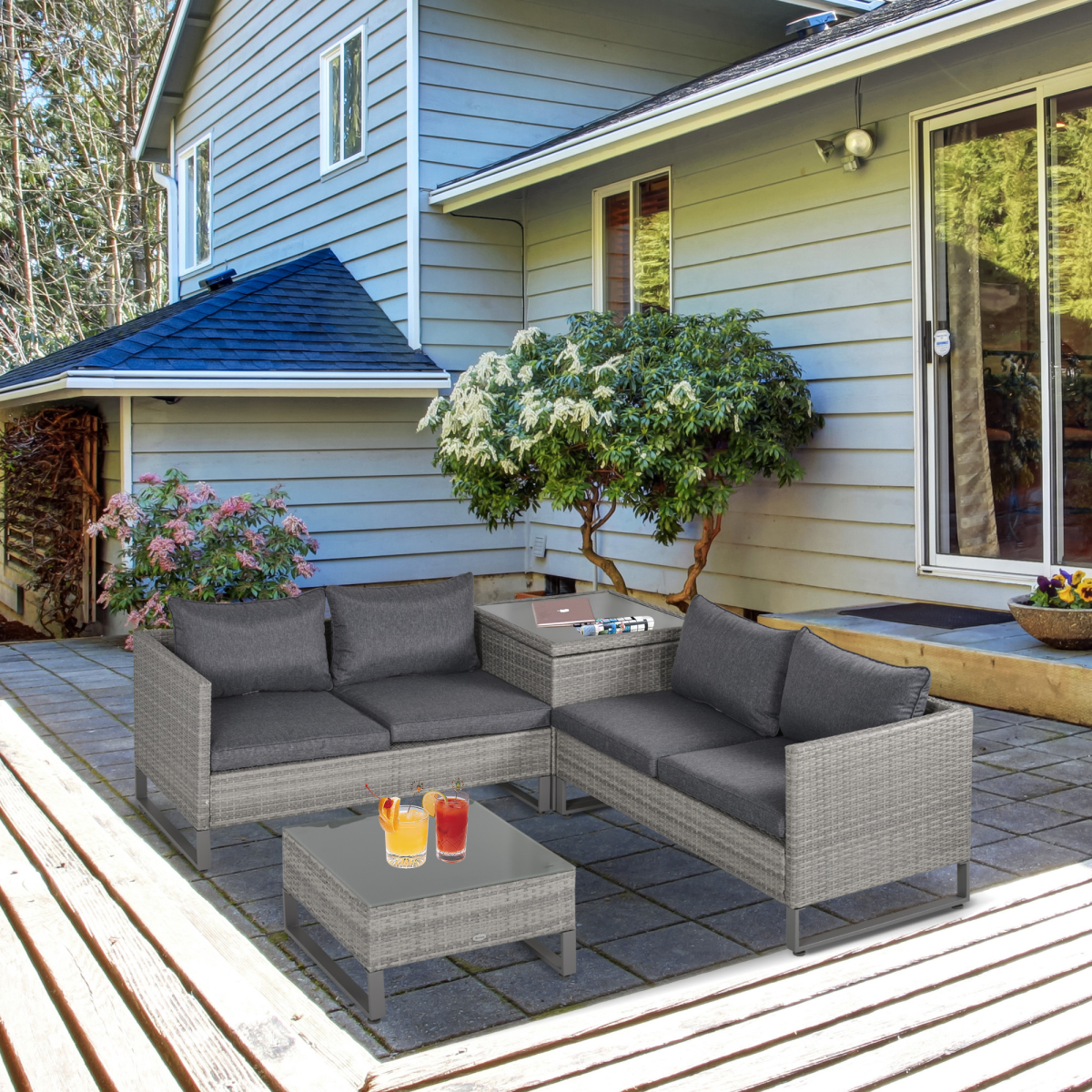 4-Piece Rattan Wicker Sofa Set with Storage Box for Conservatory