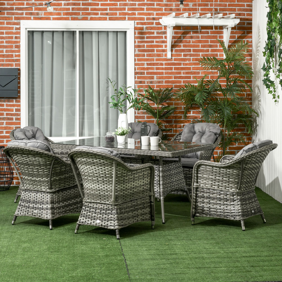 7-Piece Rattan Outdoor Dining Set with Tempered Glass Table & Umbrella