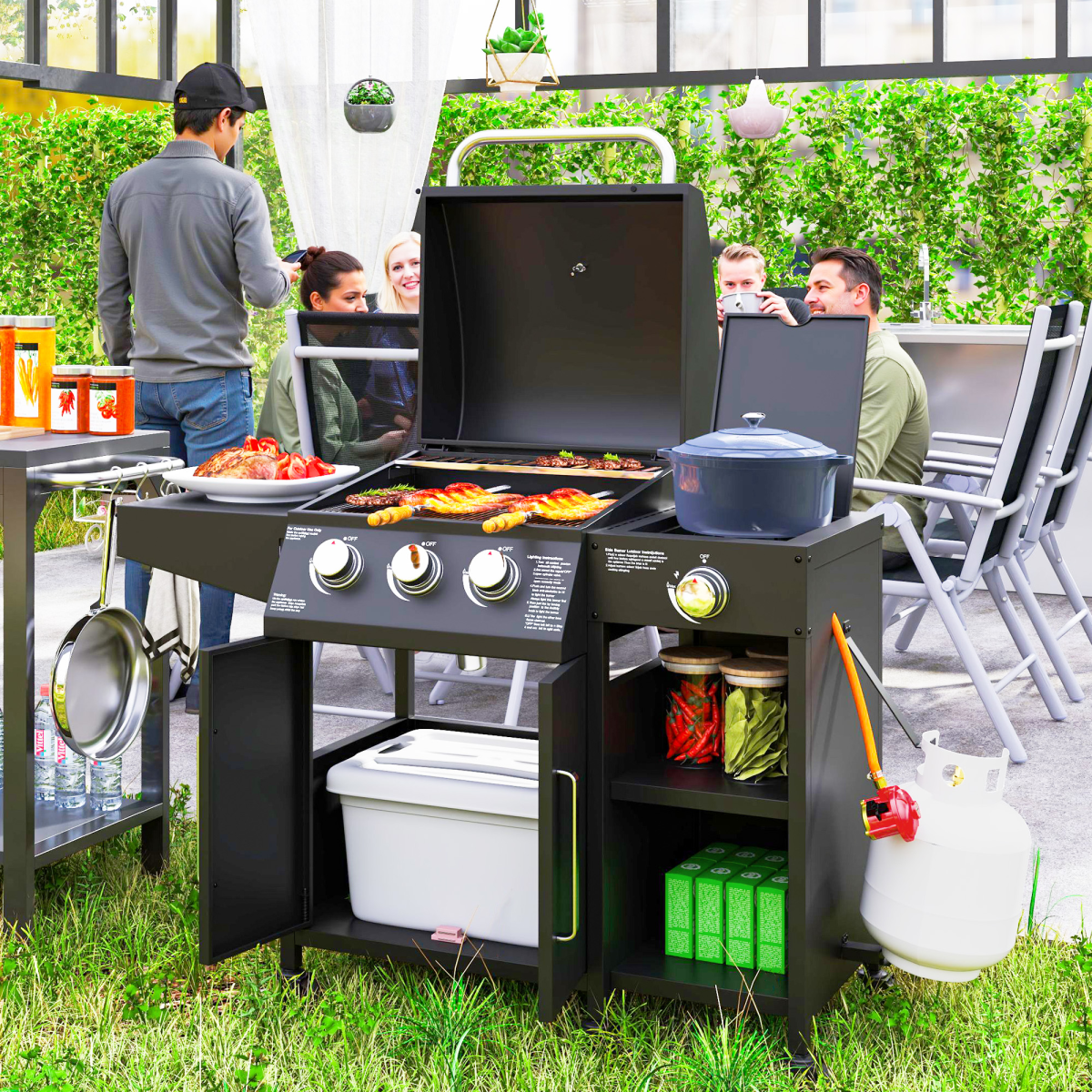 9.5 kW Gas BBQ Grill: 3 Burners, Side Burner & Storage Cabinet