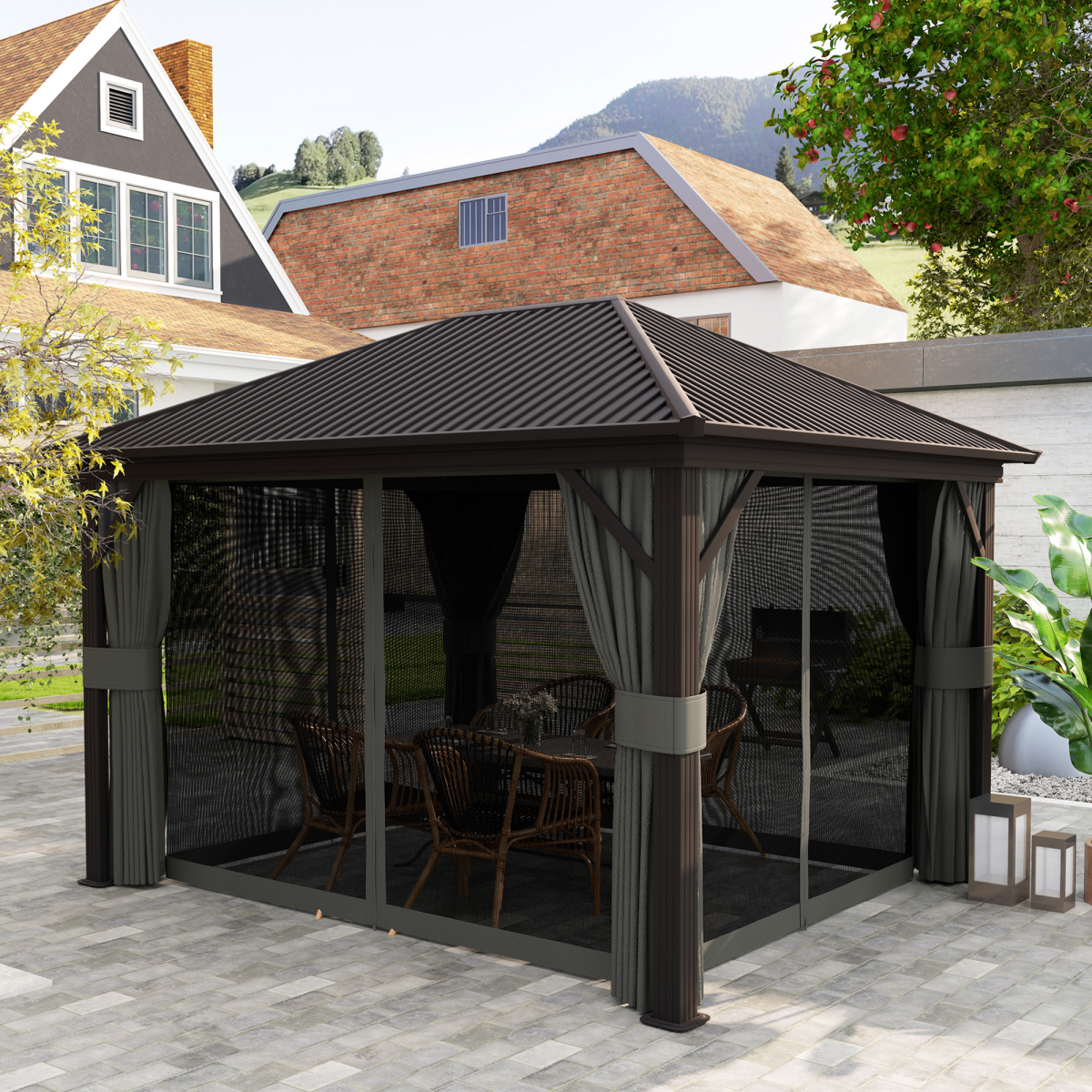 3.6x3m Metal Gazebo with Hardtop & Screened Curtains, Dark Grey