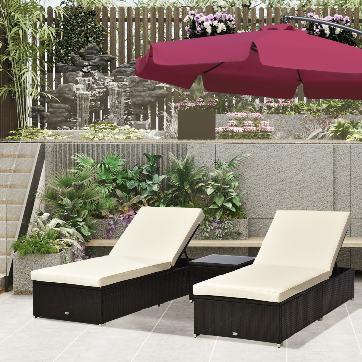 3-Piece Rattan Lounger Set - Deep Coffee & Cream White