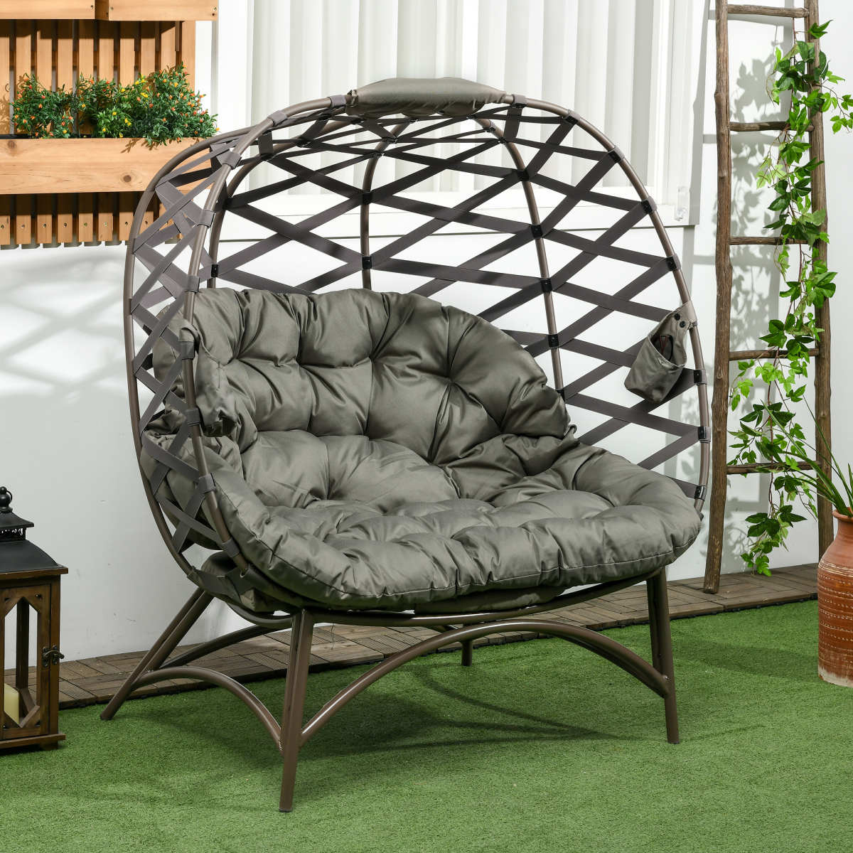 2-Seater Egg Chair with Cushion & Cup Pockets - Sand Brown