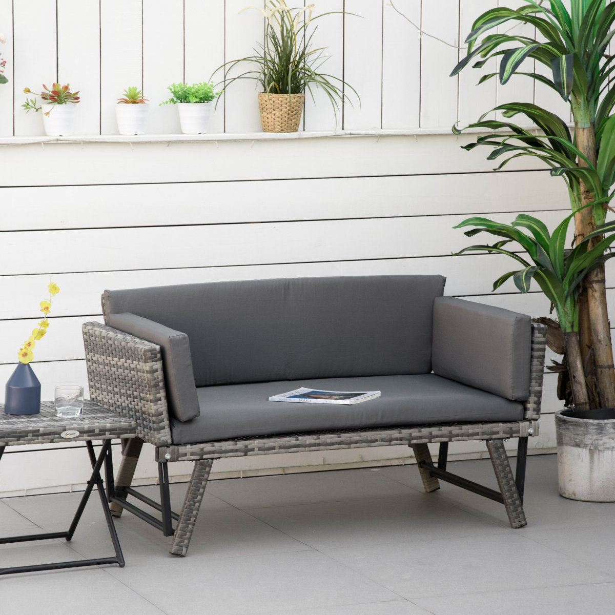 2-in-1 Rattan Folding Daybed Sofa - Grey Cushions Included