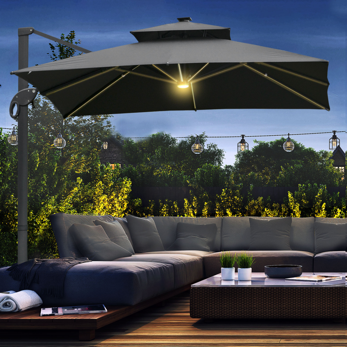 3x3m Cantilever Umbrella with Solar Power Bank & LEDs, Dark Grey