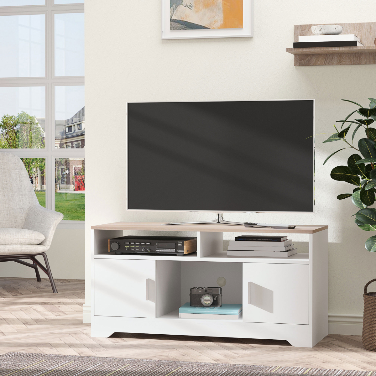 Stylish 42" Home Office TV Stand with Cabinets & Open Shelves - Versatile Storage