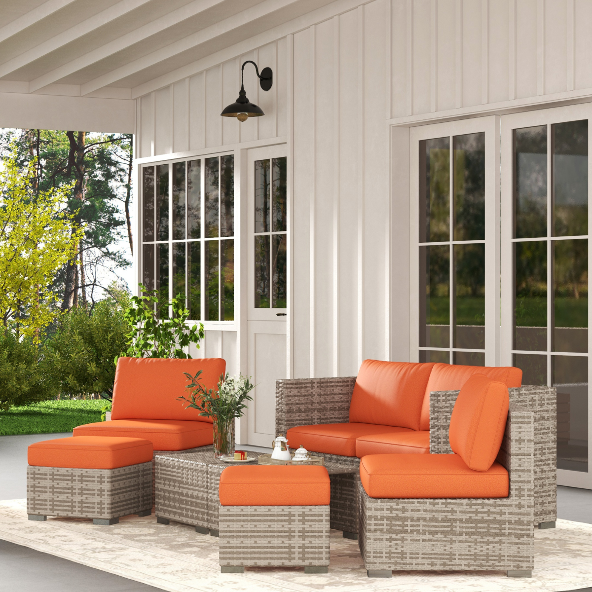 8-Piece Orange Wicker Patio Set - Weather-Resistant Rattan