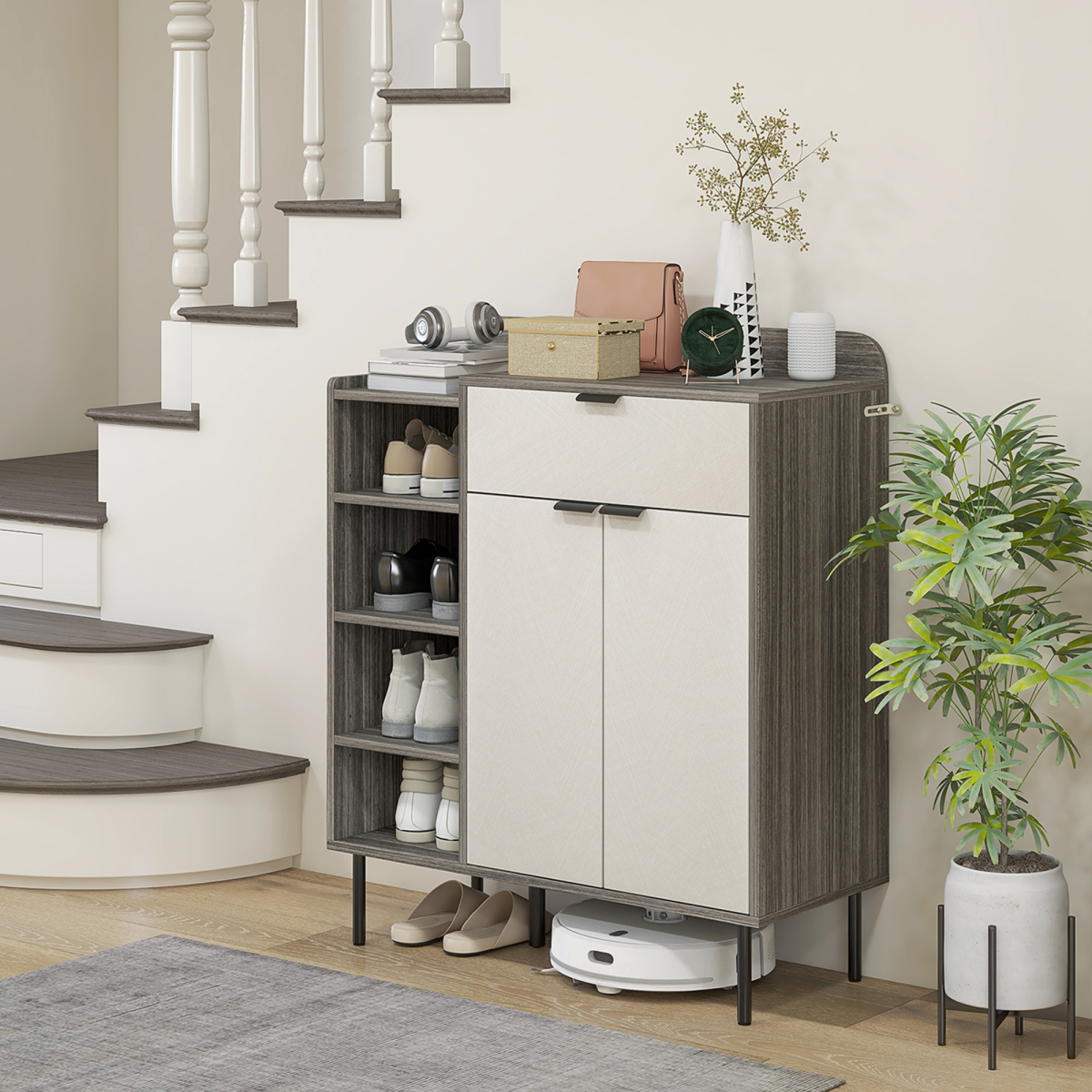 Sleek Hallway Shoe Cabinet - Stylish Grey Wood, Adjustable Shelves