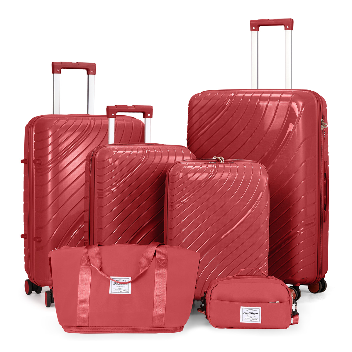 Versatile 4-Piece Red Luggage Set with Toiletry Kit & Stylish Handbags