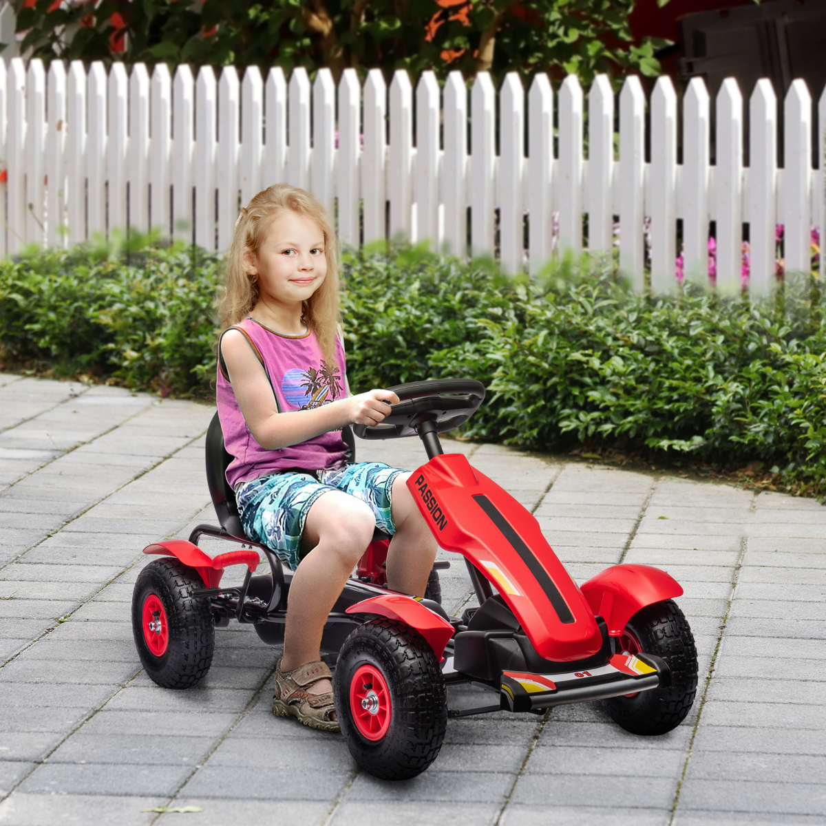 Kids' Pedal Go-Kart with Adjustable Seat, Handbrake & Inflatable Wheels - Red
