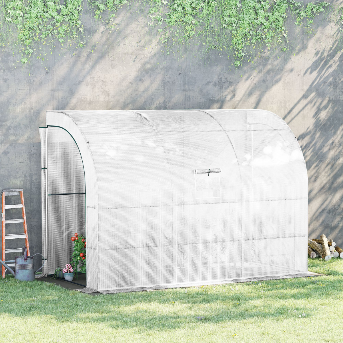 Lean-To Greenhouse with Shelves, 300x150x213 cm, White
