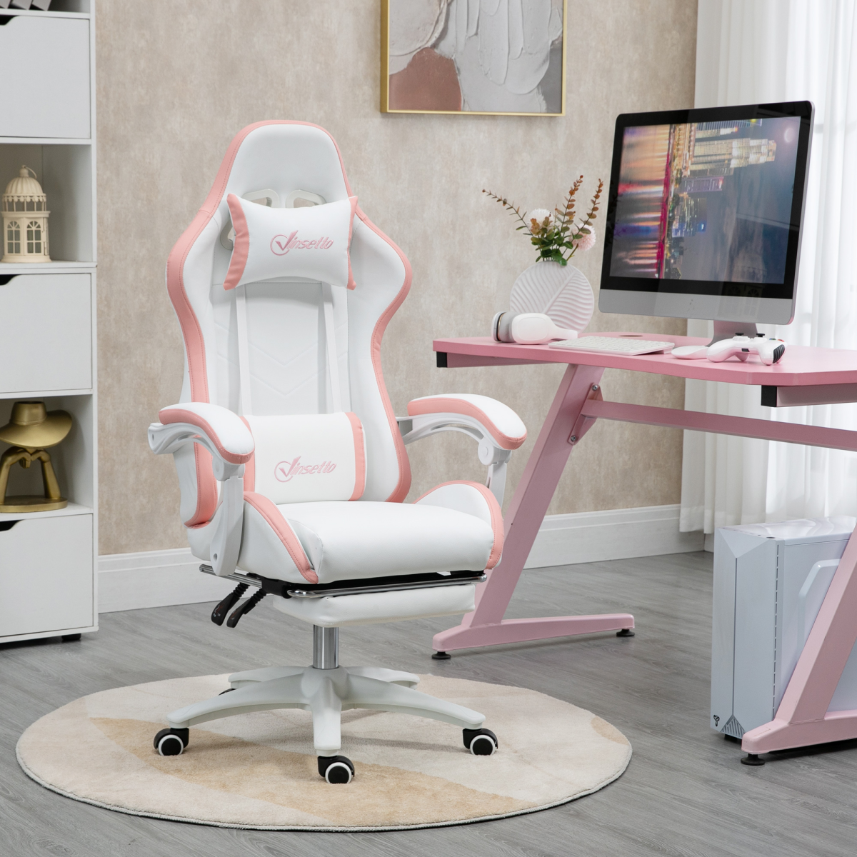 Vinsetto Pink Racing-Style Gaming Chair with Reclining Back and Footrest