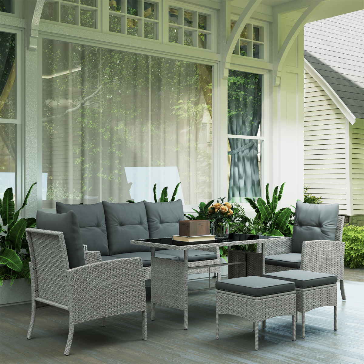 6-Piece Grey Rattan Garden Sofa Set with Glass Table