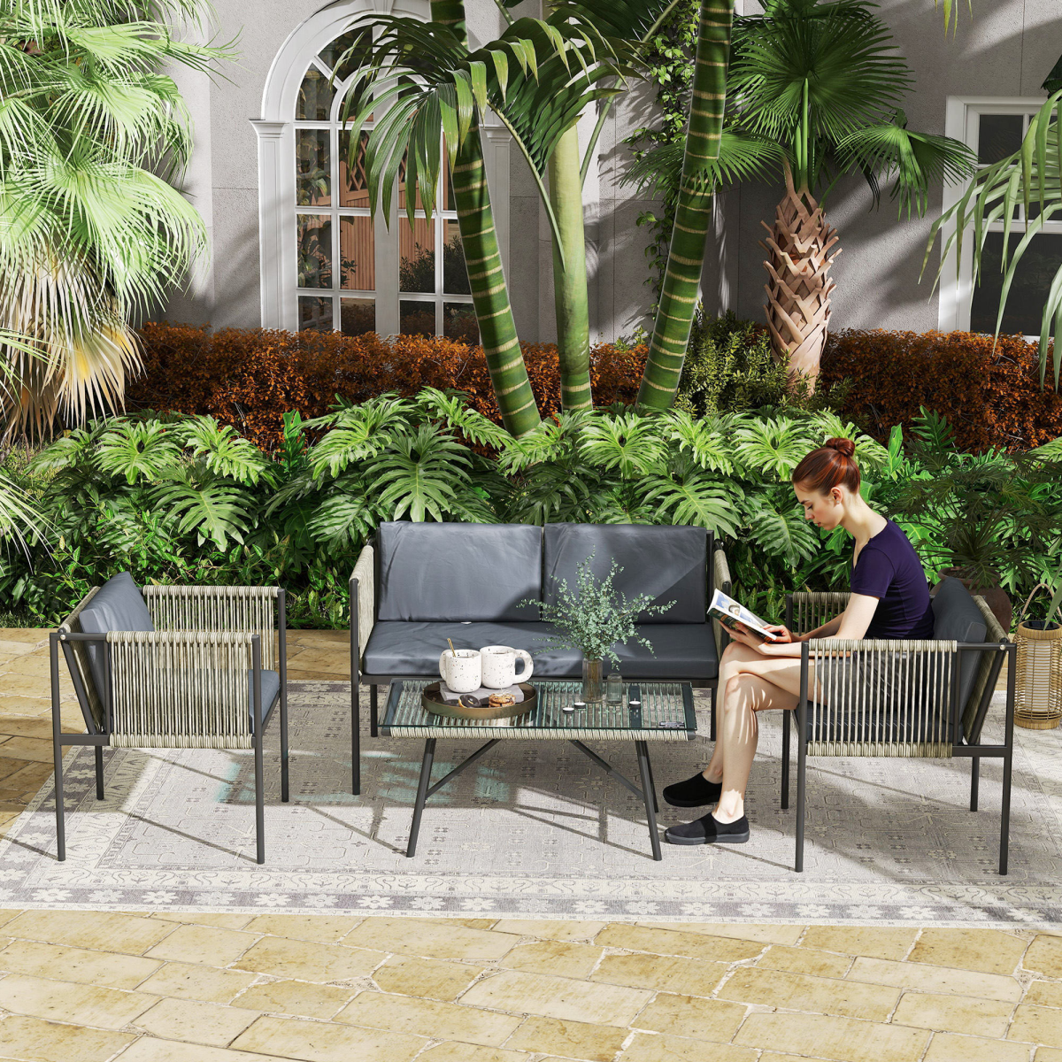 4-Piece Grey Wicker Outdoor Furniture Set with Glass Top Table