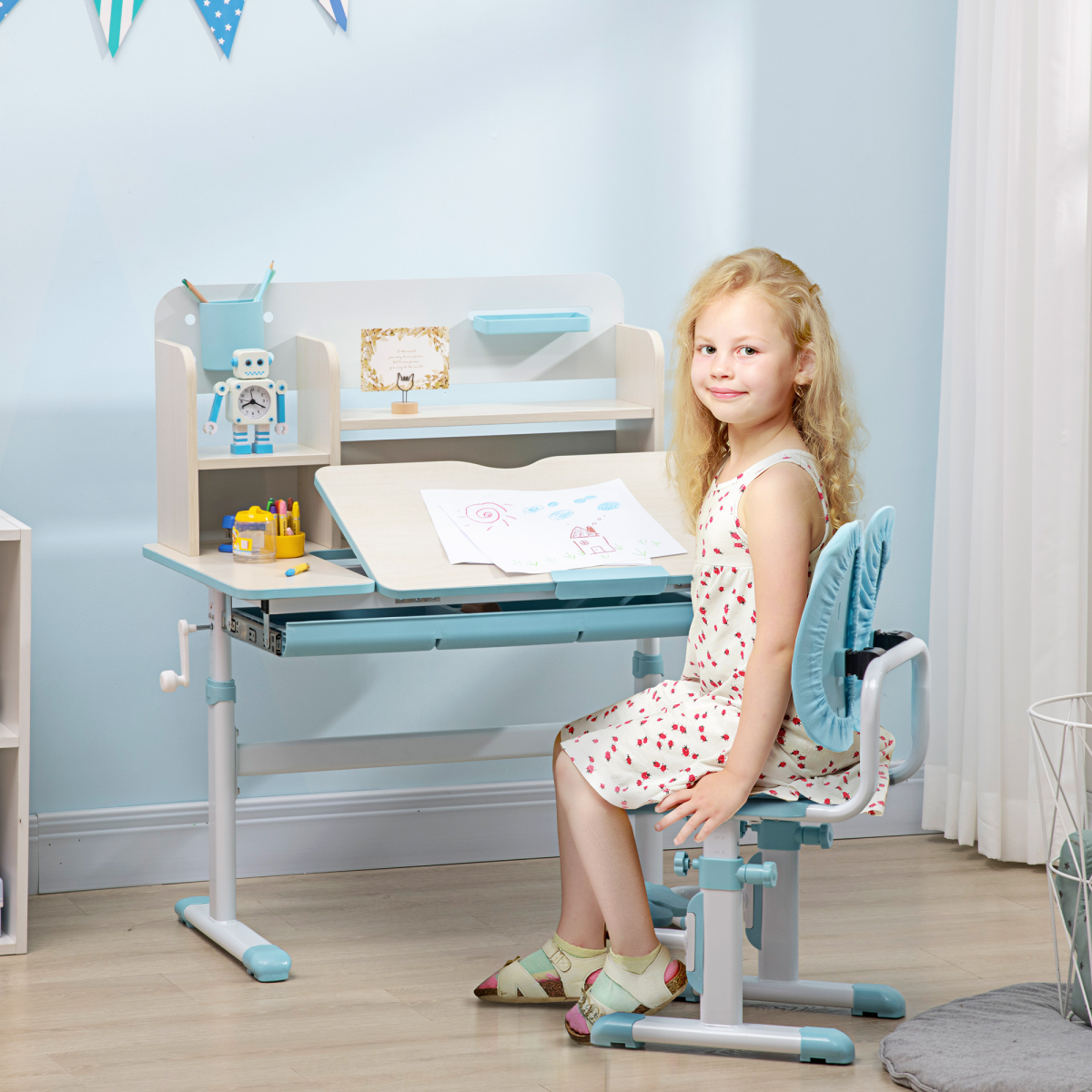 Height-Adjustable Kids Desk & Chair Set for Ages 3-12 - Blue