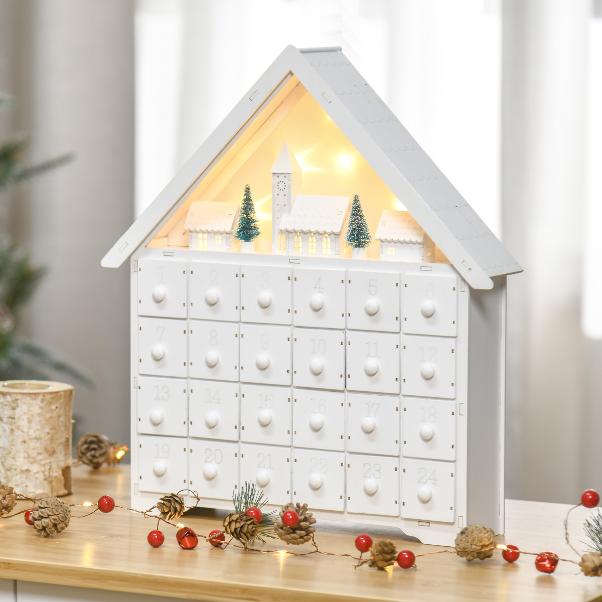 Wooden 24-Drawer Advent Calendar with LED Light-Up, White