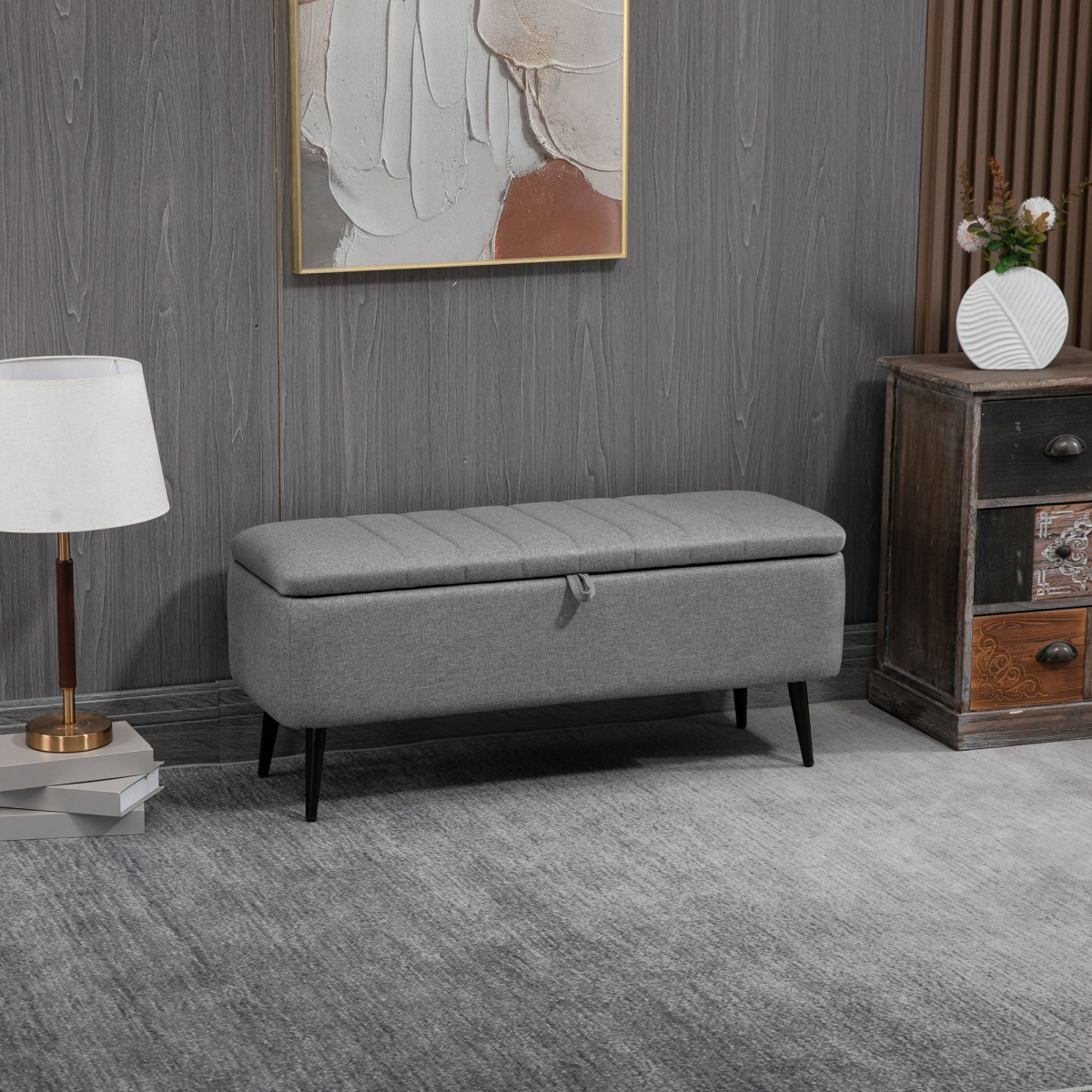 Grey Linen Storage Ottoman Bench – Stylish & Versatile Footstool with Steel Legs