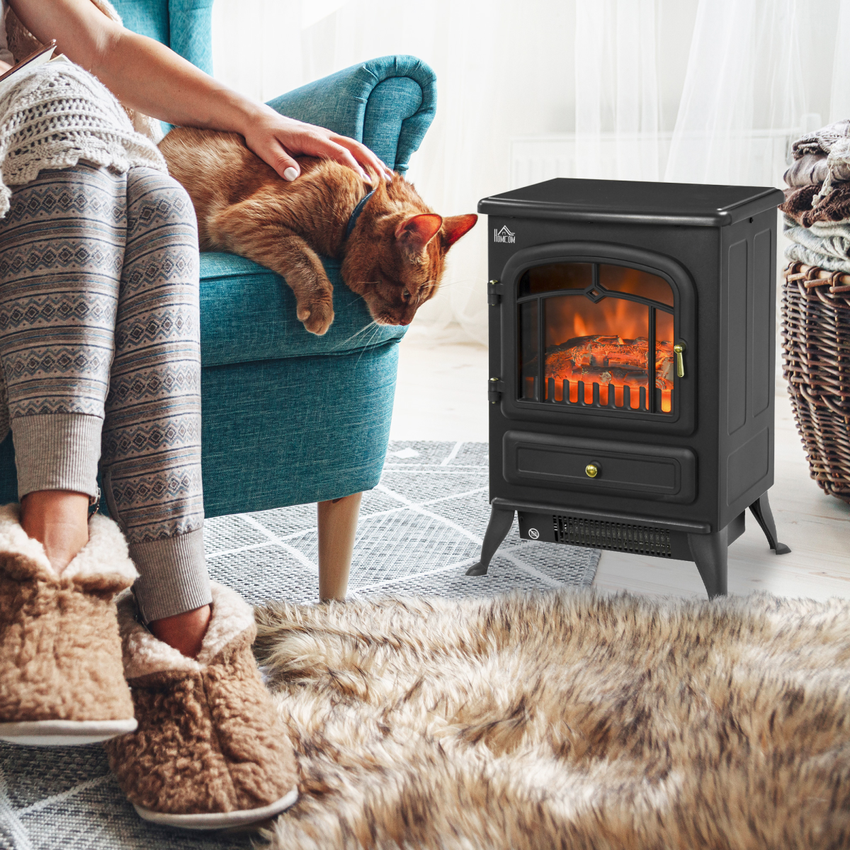 Realistic Electric Fireplace 1850W - Portable Black Heater with Wood Effect