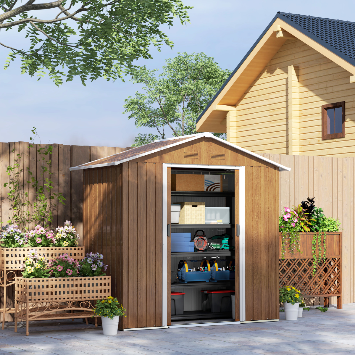 6.5x3.5ft Brown Wood-Effect Metal Garden Shed with Lockable Door
