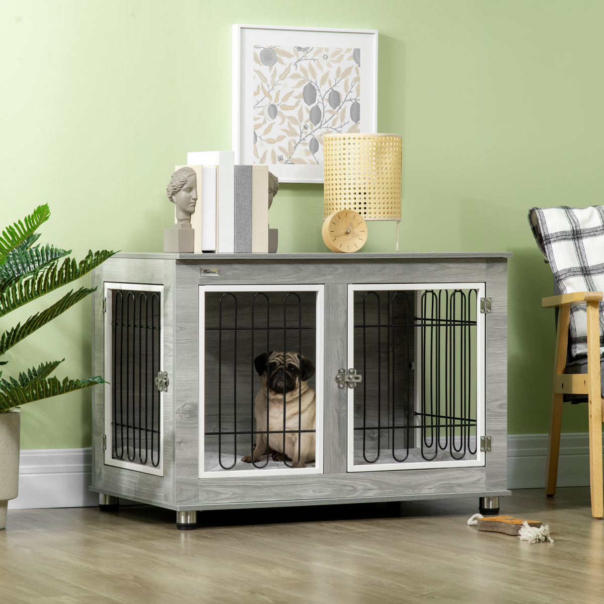 PawHut Modern Dog Crate End Table with Cushion - Double Doors