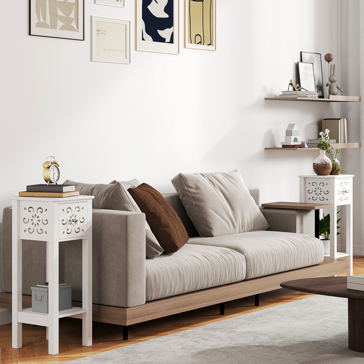 Elegant Floral Cut-Out Bedside Table Set with Drawer & Storage - White