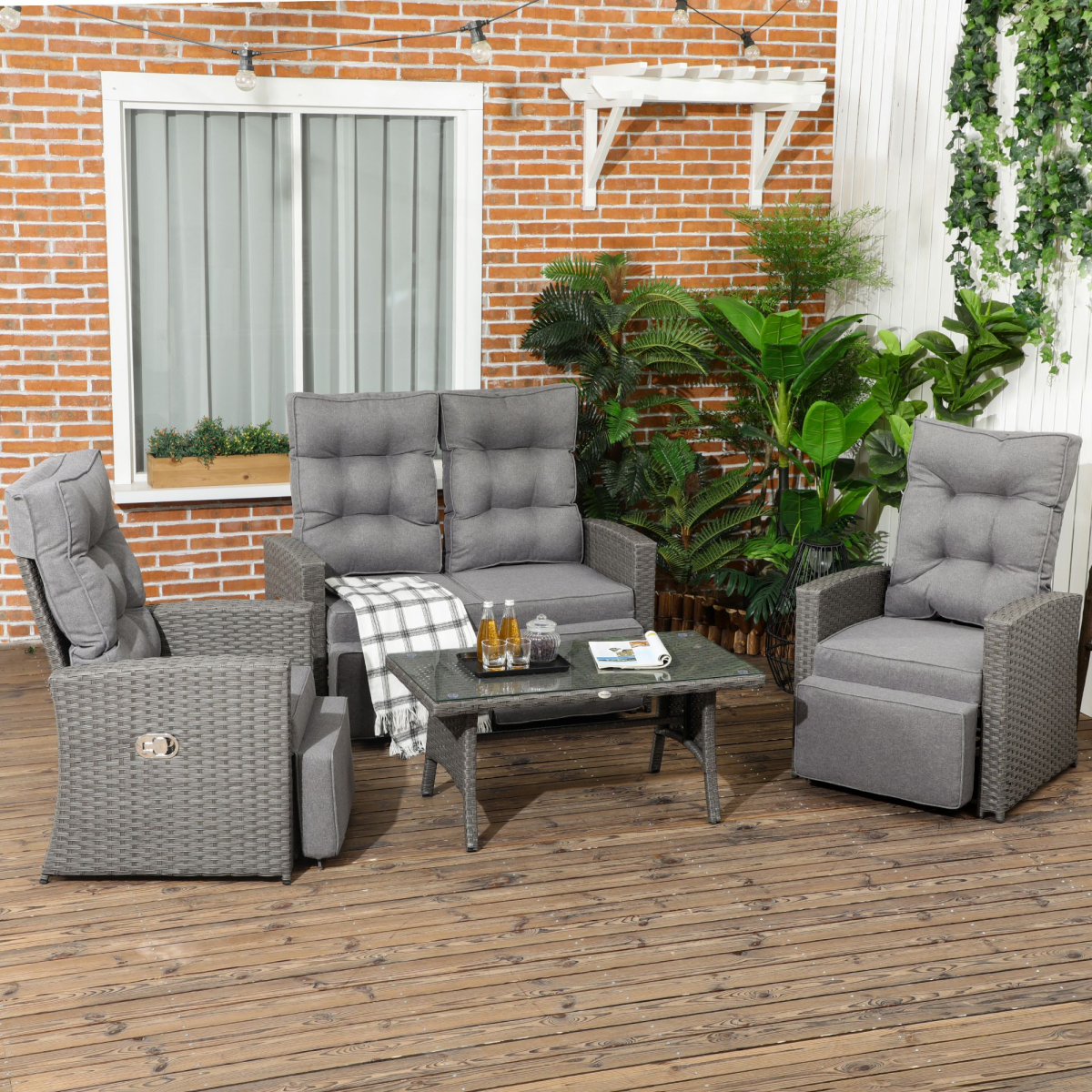 4-Piece Rattan Garden Set: Loveseat, 2 Armchairs, Glass Table, Grey