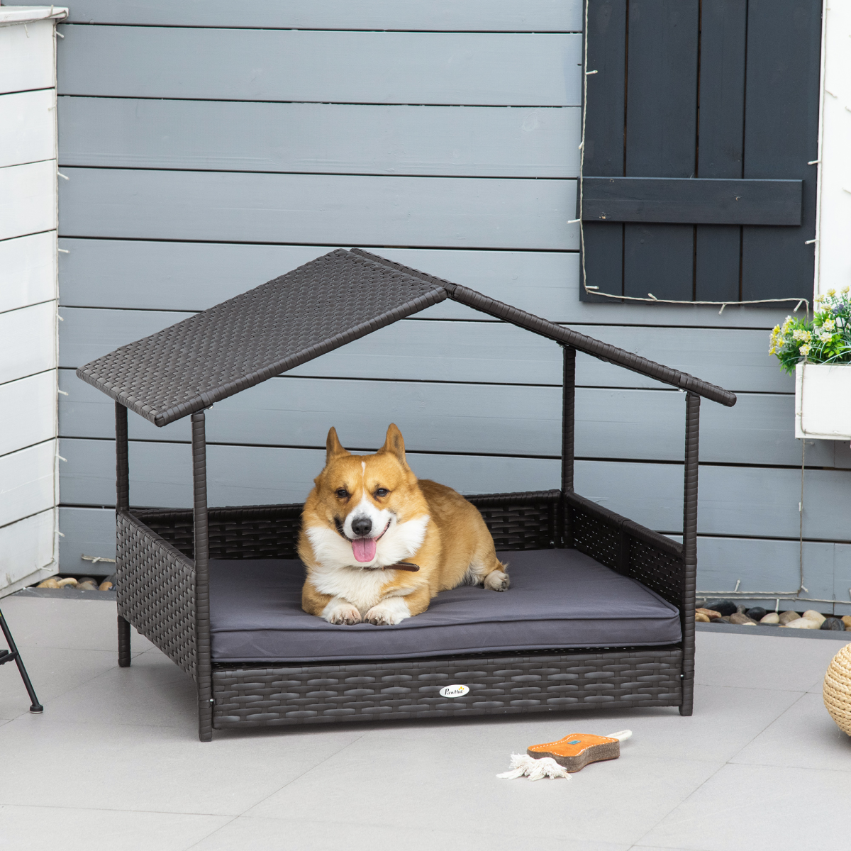 PawHut Wicker Dog House & Rattan Pet Bed with Cushion - Grey