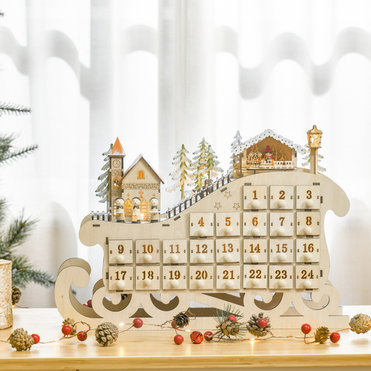 Light-Up Wooden Sleigh Advent Calendar - 24 Drawers, Natural Finish